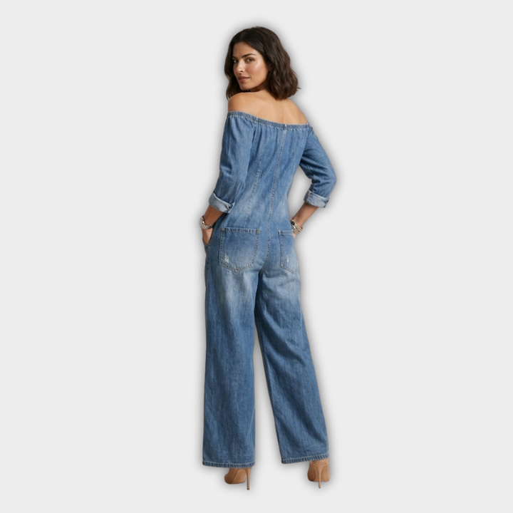 Τζιν ολόσωμη φόρμα off-shoulders με κουμπιά μπροστά, πλαϊνές τσέπες, vintage πλύσιμο