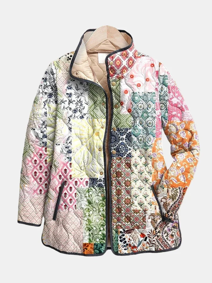 Μπουφάν patchwork με κουκούλα, πολύχρωμη επένδυση και φερμουάρ