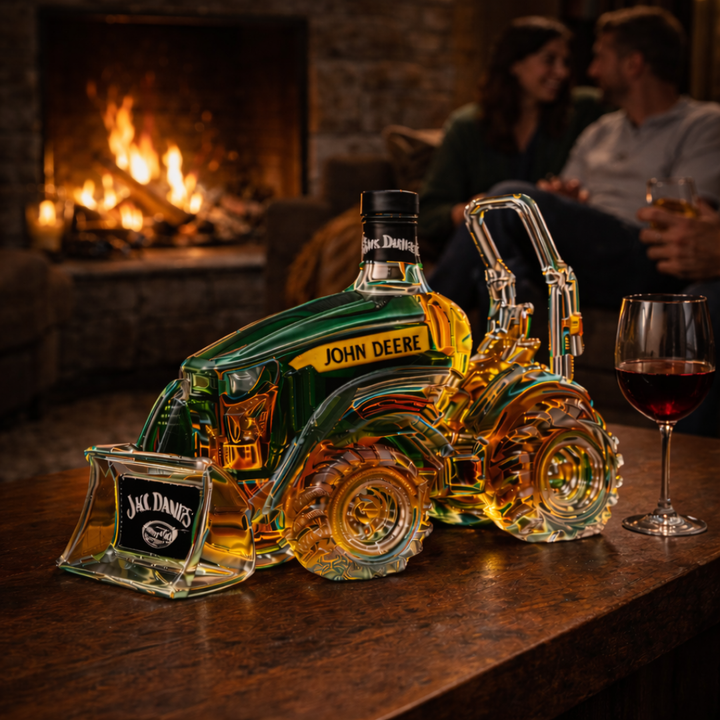 Μπουκάλι ουίσκι τρακτέρ John Deere με ποτήρι ουίσκι δίπλα, πράσινο-χρυσό