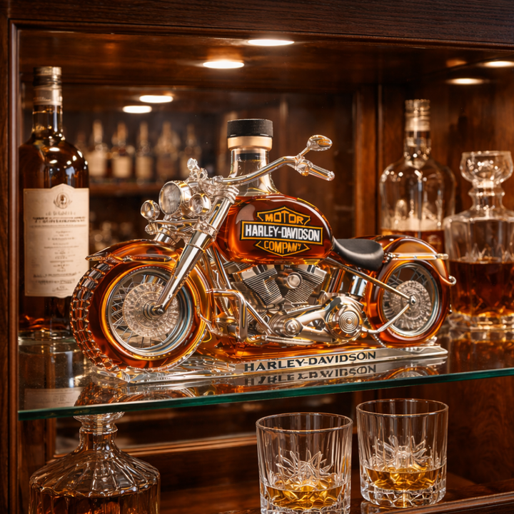 Μπουκάλι ουίσκι σε σχήμα Harley-Davidson δίπλα σε δύο ποτήρια με κεχριμπαρέ υγρό