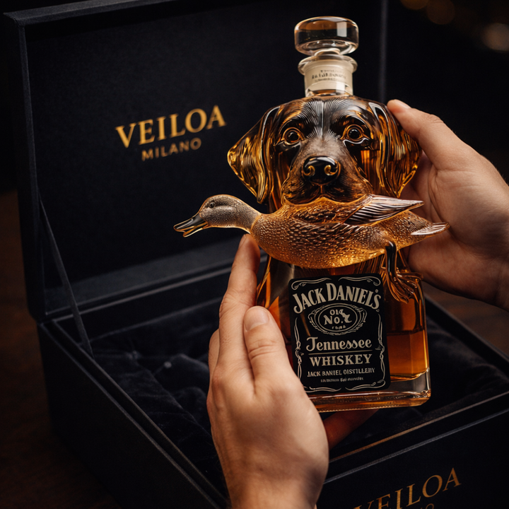 Μπουκάλι ουίσκι Jack Daniels με διακοσμητικό σκύλου-πάπιας, κρατημένο σε χέρι
