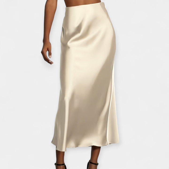 Μίντι φούστα με υψηλή μέση σε μπεζ σατέν, ίσια γραμμή