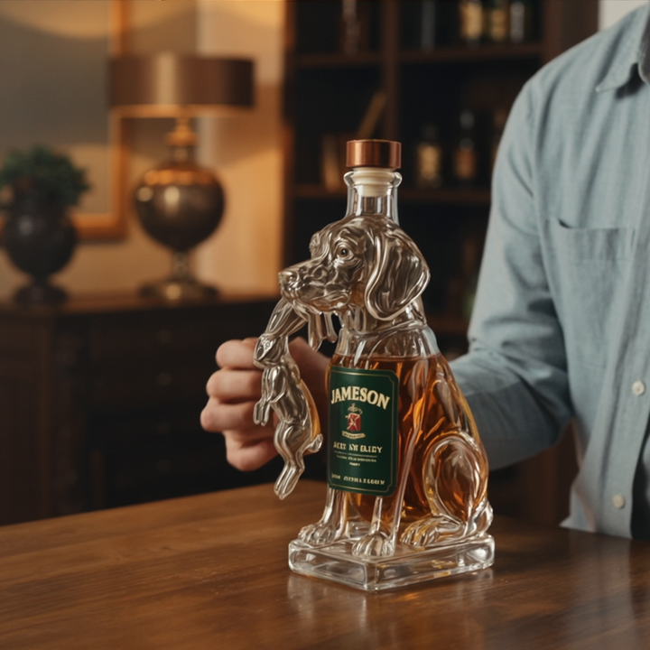 Μπουκάλι ουίσκι σε σχήμα σκύλου από διάφανο γυαλί με ετικέτα Jameson
