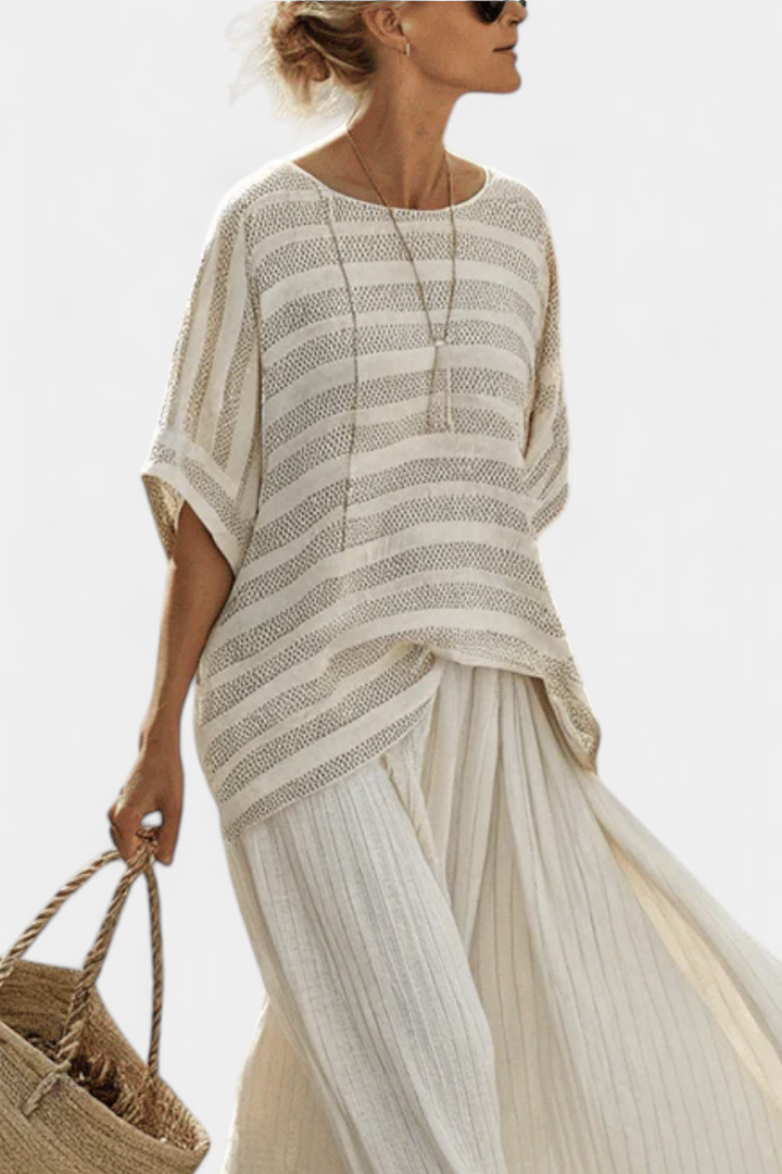 Ριγέ τοπ με φαρδιά παντελόνα από φυσικό μπαμπού, χαλαρή εφαρμογή