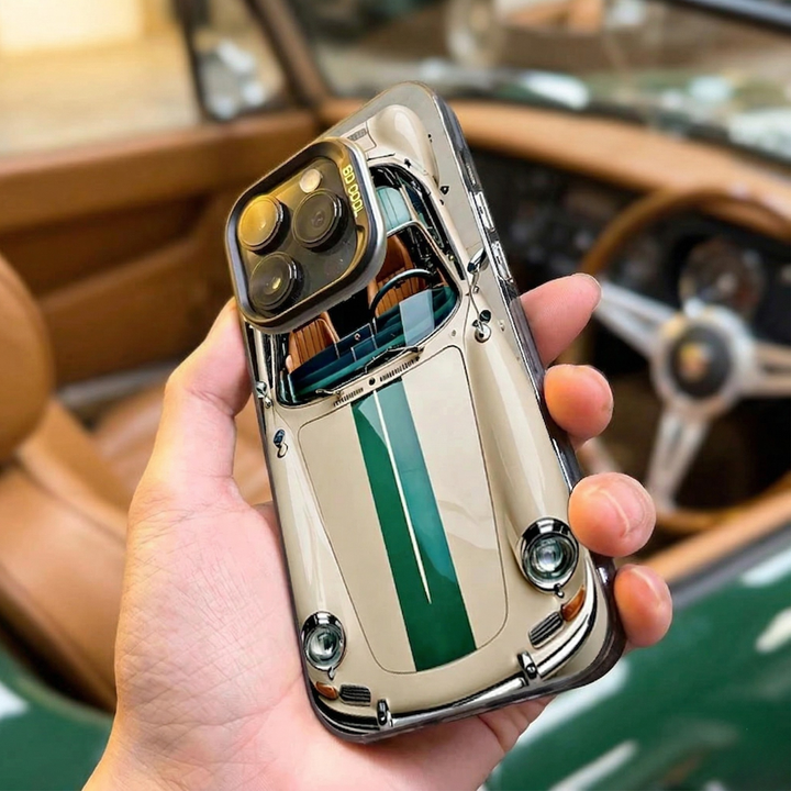 Θήκη iPhone μπεζ-πράσινο vintage αυτοκίνητο σε χέρι, με προστασία κάμερας