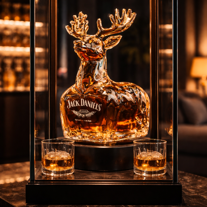 Μπουκάλι ουίσκι Jack Daniels σε σχήμα ελαφιού, τοποθετημένο σε γυάλινη βιτρίνα