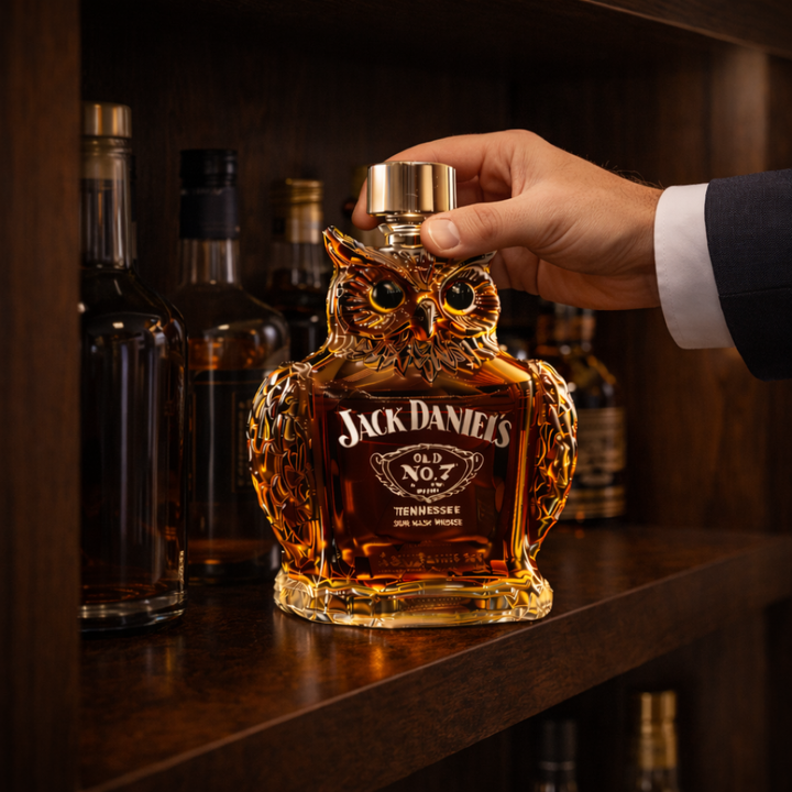 Μπουκάλι ουίσκι Jack Daniels με ανάγλυφη κουκουβάγια και χρυσό καπάκι, κρατημένο σε χέρι