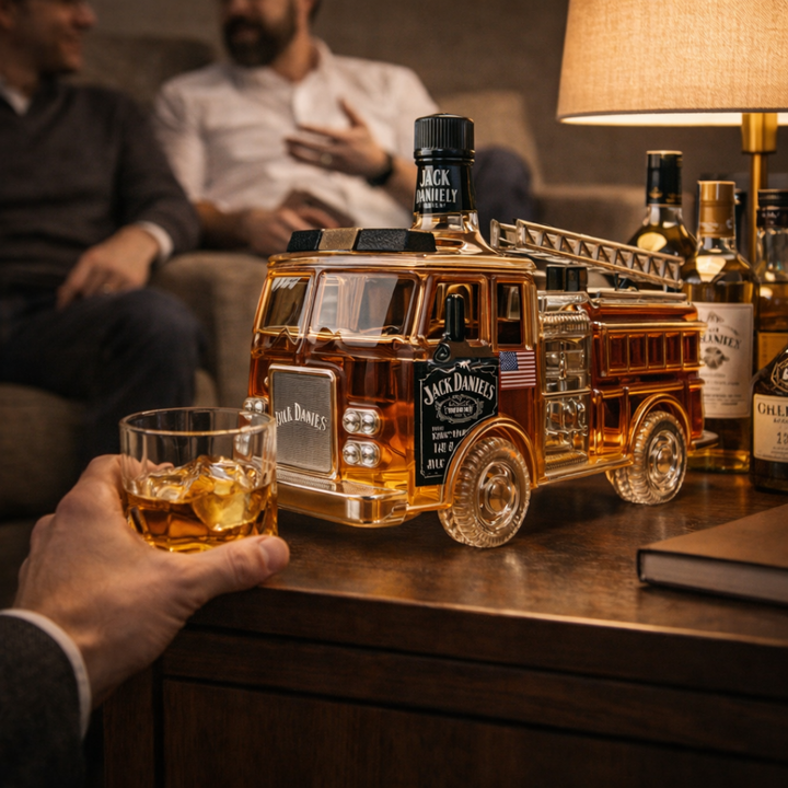 Συλλεκτικό μπουκάλι Jack Daniel's σε χρυσό πυροσβεστικό όχημα, στο χέρι πελάτη