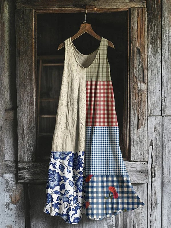 Αμάνικο φόρεμα patchwork κρεμ, κόκκινο καρό και μπλε/λευκό καρό με μπλε άνθη
