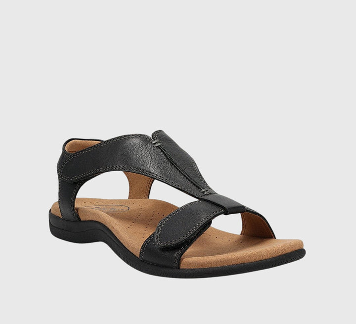 Ορθοπεδικά σανδάλια μαύρα, πλαϊνή όψη, με ρυθμιζόμενους λουρίδες και ανοιχτό δάχτυλο
